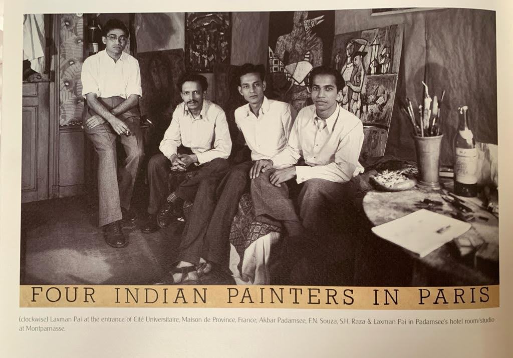 Laxman Pai with Akbar Padamsee, F.N. Souza, and S.H. Raza in Padamsee's studio at Montparnasse, Paris, 1950s